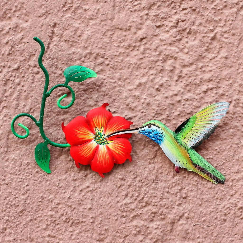 Hummingbird and Red Flower Steel Wall Art Crafted by Hand - Colibri