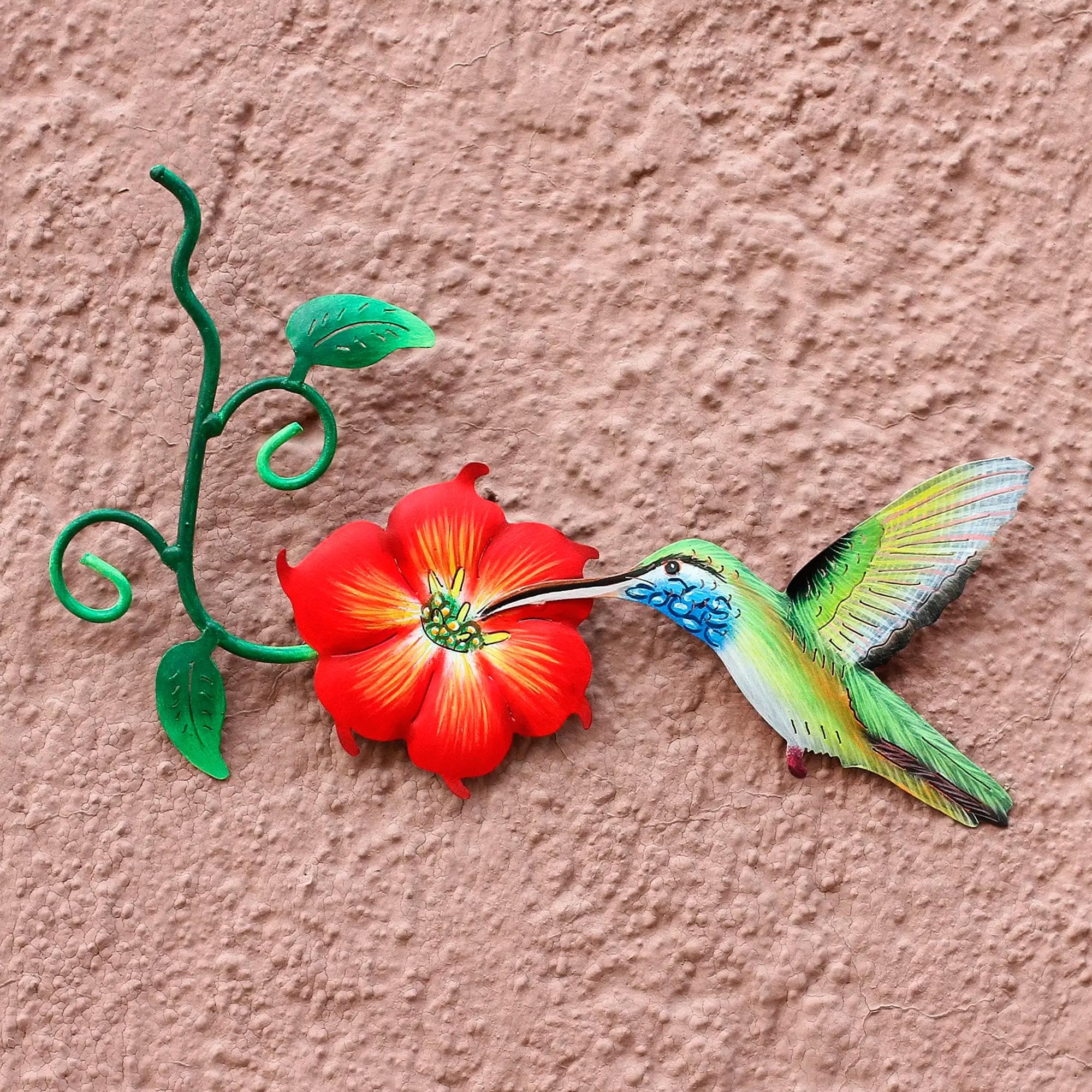 Hummingbird and Red Flower Steel Wall Art Crafted by Hand - Colibri