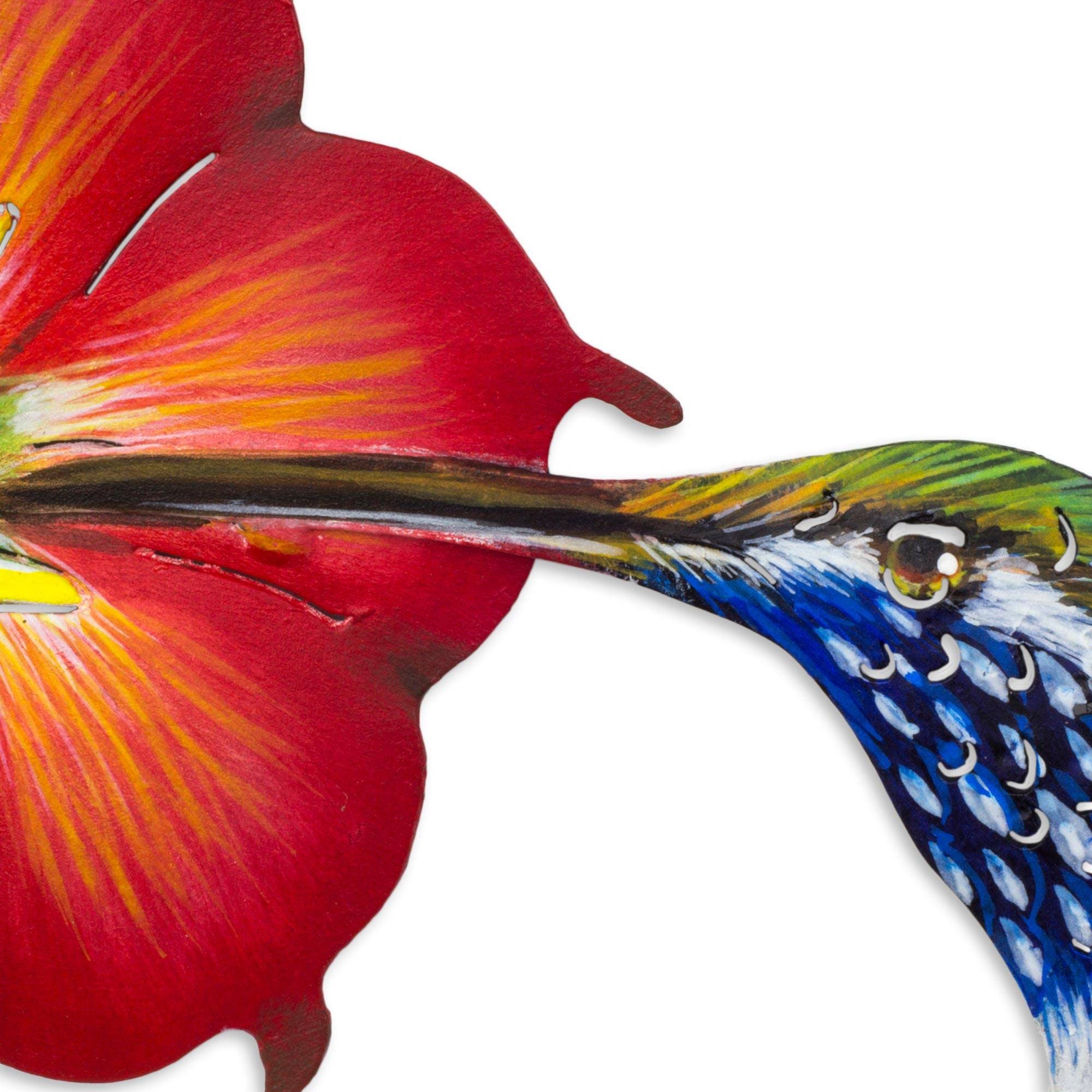 Hummingbird and Red Flower Steel Wall Art Crafted by Hand - Colibri
