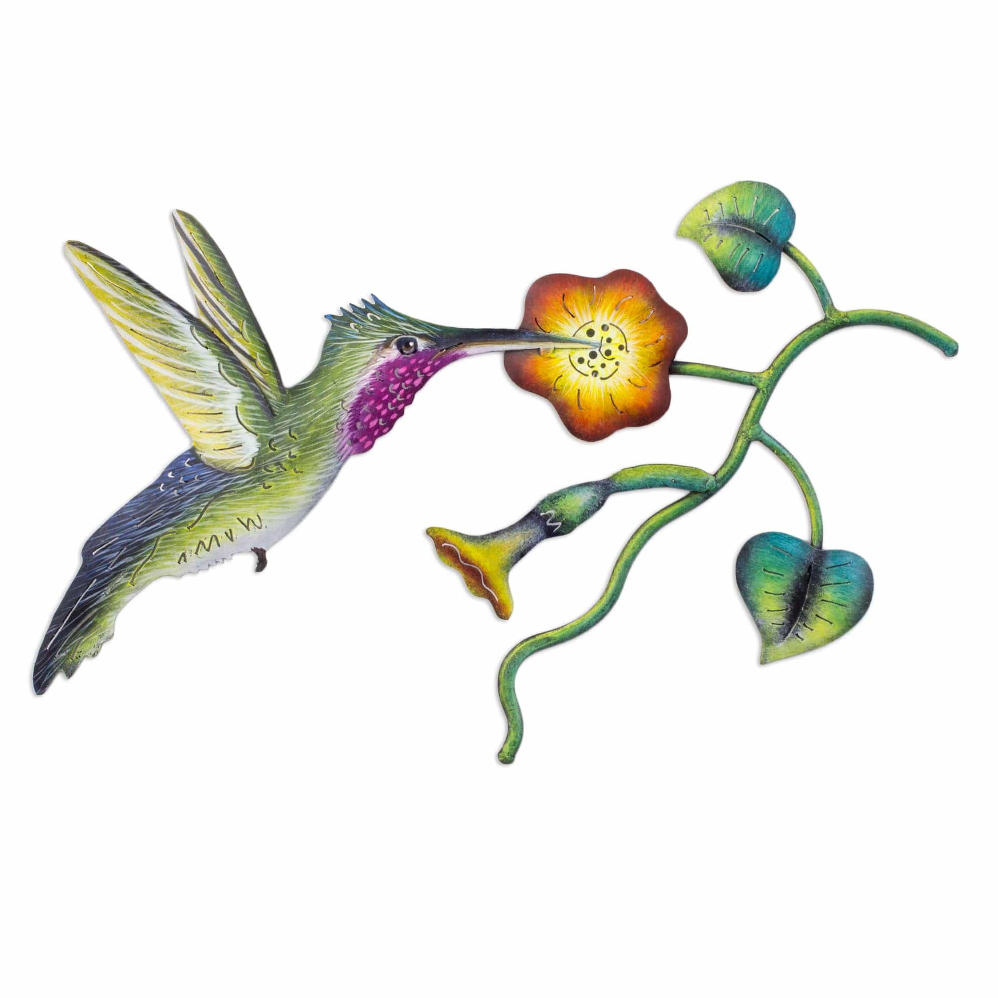 Mexican Hummingbird Steel Wall Art Crafted by Hand - Exotic Nectar in Yellow