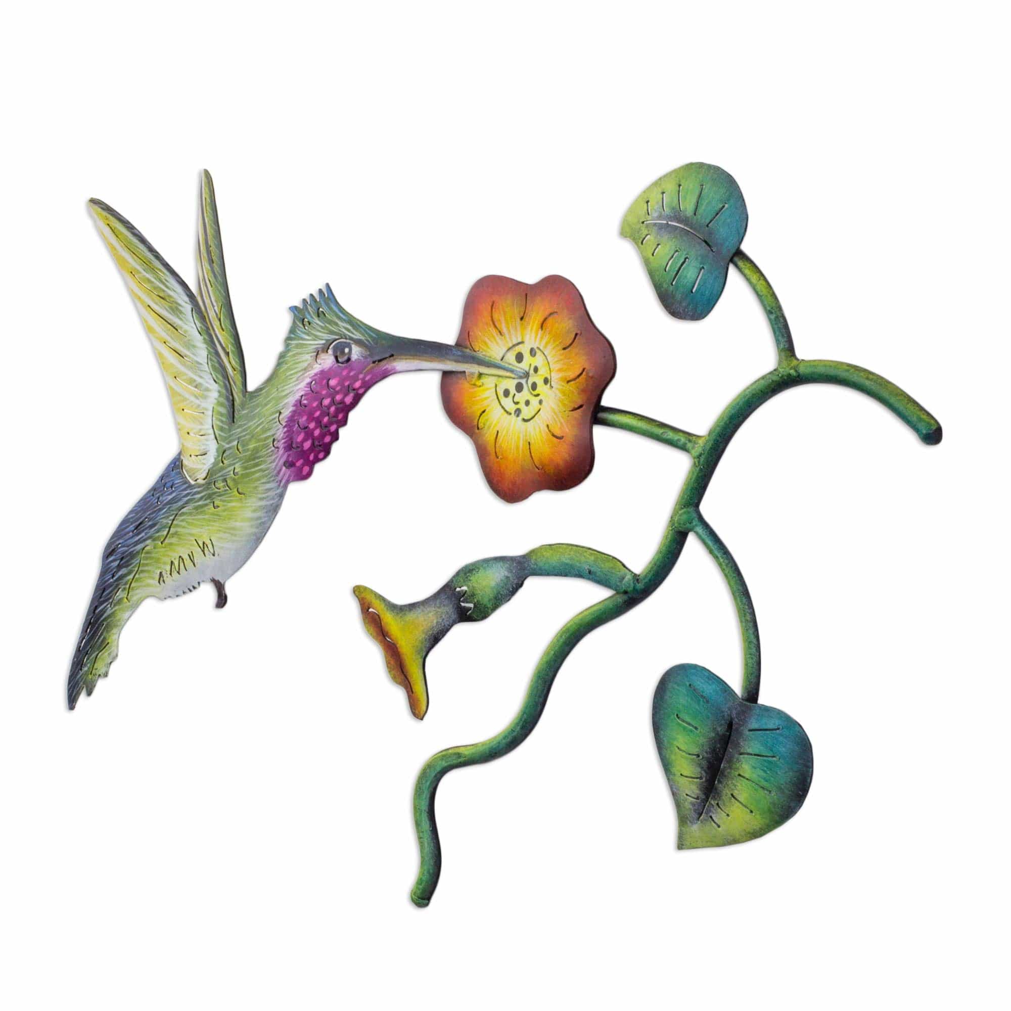 Mexican Hummingbird Steel Wall Art Crafted by Hand - Exotic Nectar in Yellow