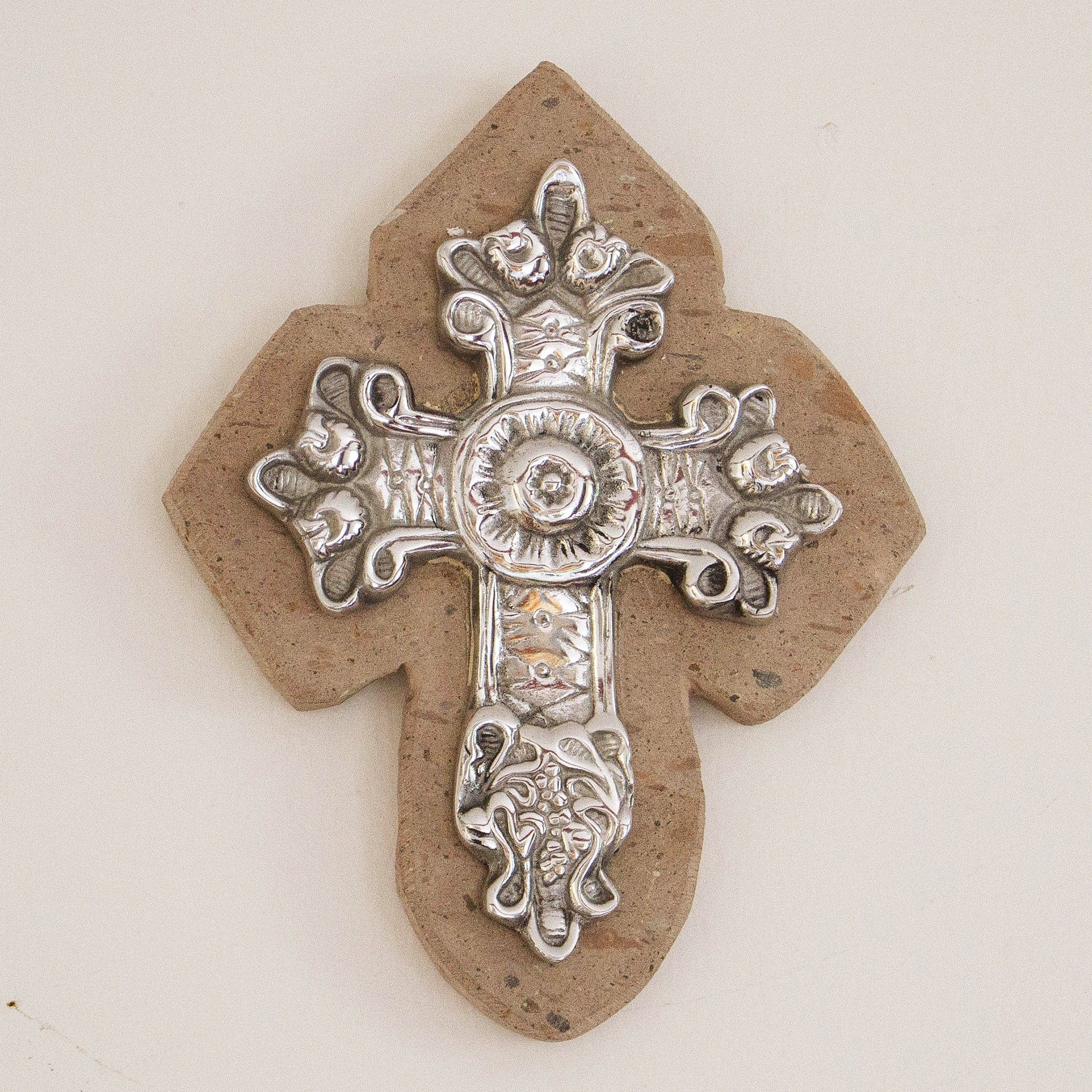 Baroque-Inspired Pewter and Reclaimed Stone Wall Cross - Baroque Faith