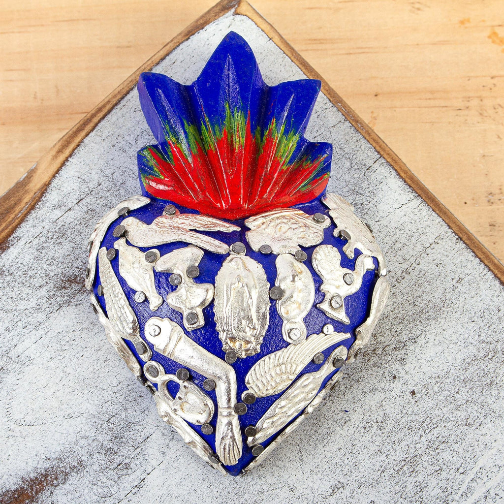 Blue Sacred Heart Wood Wall Sculpture with Milagros - Miraculous Blue Heart
