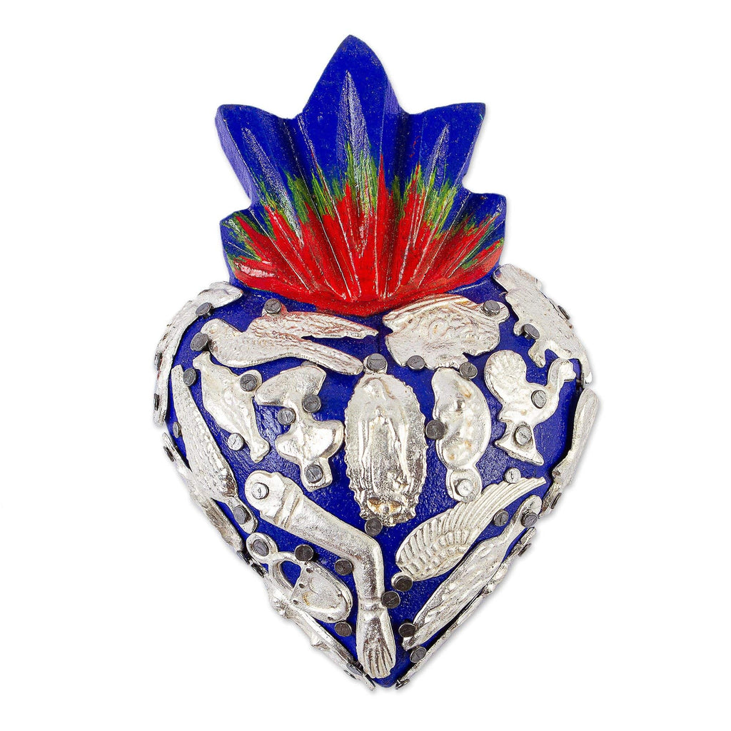 Blue Sacred Heart Wood Wall Sculpture with Milagros - Miraculous Blue Heart