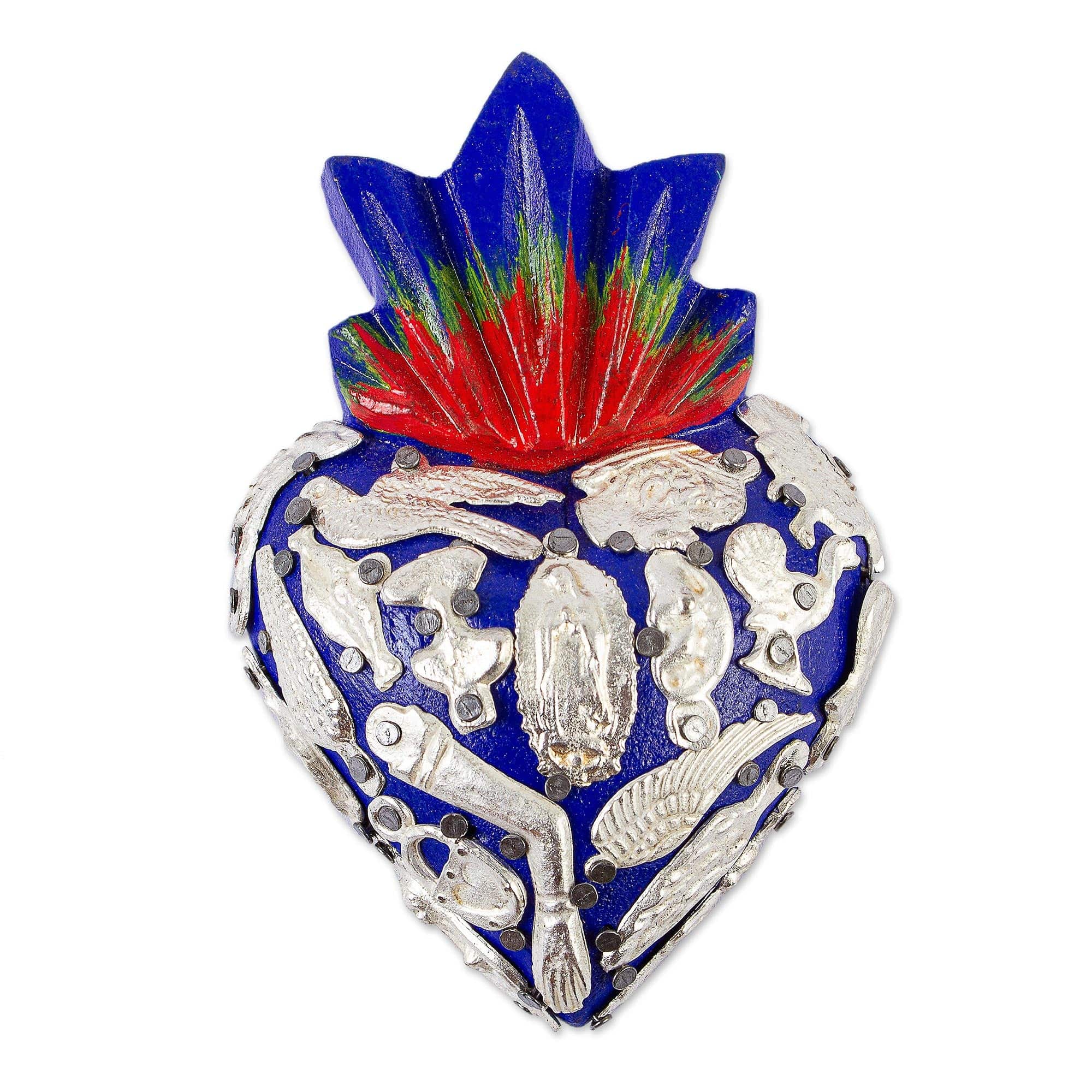 Blue Sacred Heart Wood Wall Sculpture with Milagros - Miraculous Blue Heart