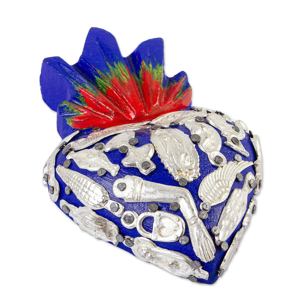 Blue Sacred Heart Wood Wall Sculpture with Milagros - Miraculous Blue Heart